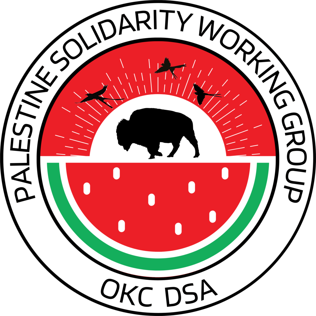 Logo for the Palestine Solidarity Working Group, featuring a watermelon with a bison silhouette and scissortail flycatchers flying above.