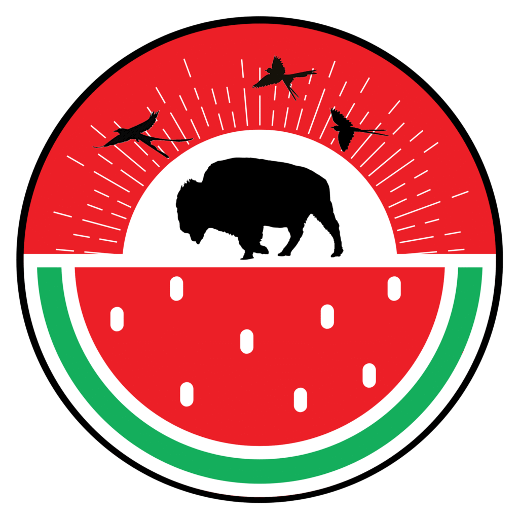 Logo for the Palestine Solidarity Working Group, featuring a watermelon with a buffalo silhouette and scissortail flycatchers flying above.