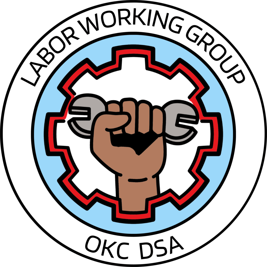 Logo of the Labor Working Group, featuring a raised fist holding a wrench set inside a gear outline.
