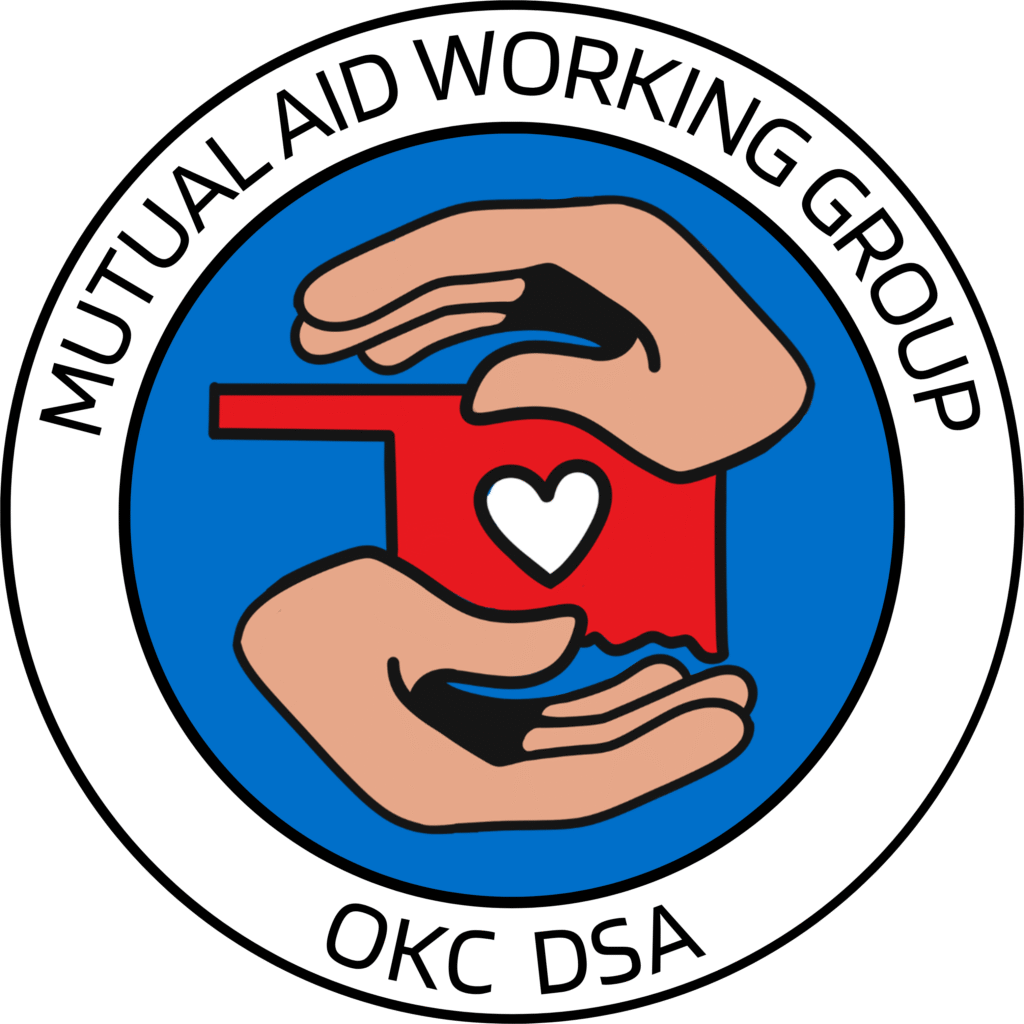 Logo of the Mutual Aid Working Group, featuring the red state of Oklahoma with a white heart at its center. The state is cradled by a pair of hands on the top and bottom.
