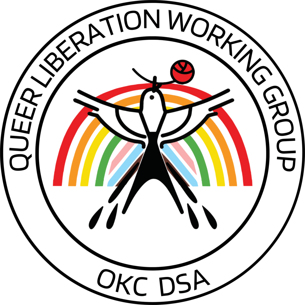 Logo of the Queer Liberation Working Group, featuring a stylized scissortail flycatcher with outstretched wings holding a rose in its beak. Behind it is a pride rainbow arc with trans and progress flag colors included.