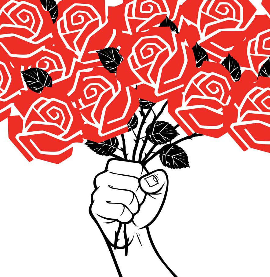 Illustration of a fist holding up a bundle of red roses