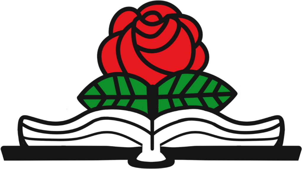 A stylized open book with a red rose growing out from between the pages.